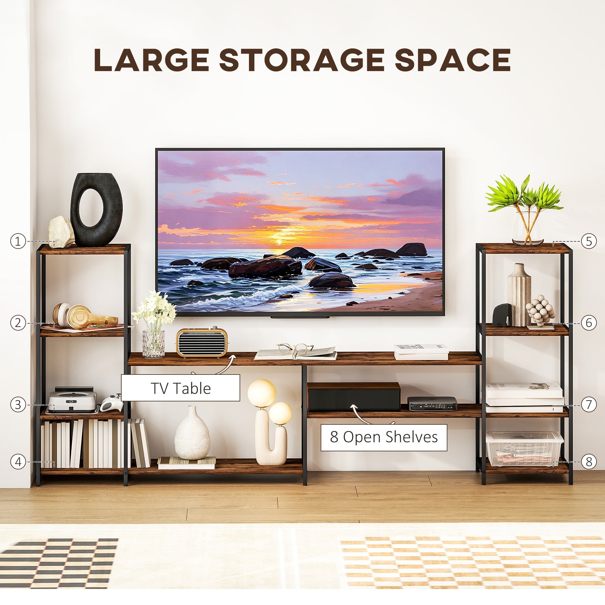 Modern rustic homcom tv unit with dark wood shelves and steel frame ensures robust support on uneven floors