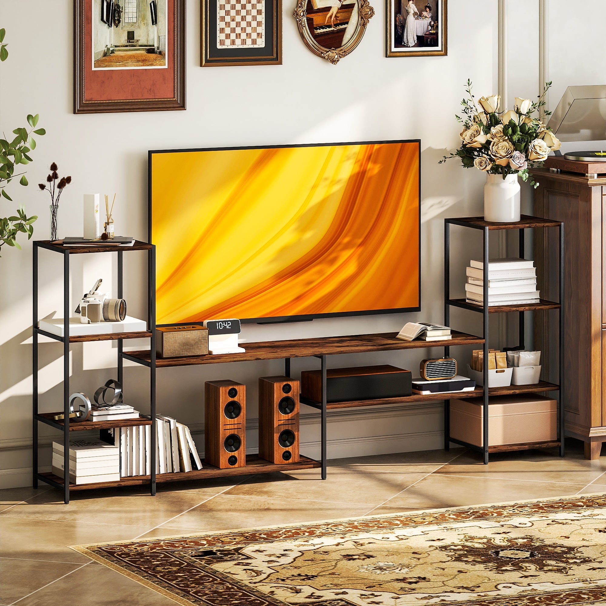 Dark wood and black metal homcom tv unit with steel frame ensures robust support for tvs up to 60 inches on uneven floors