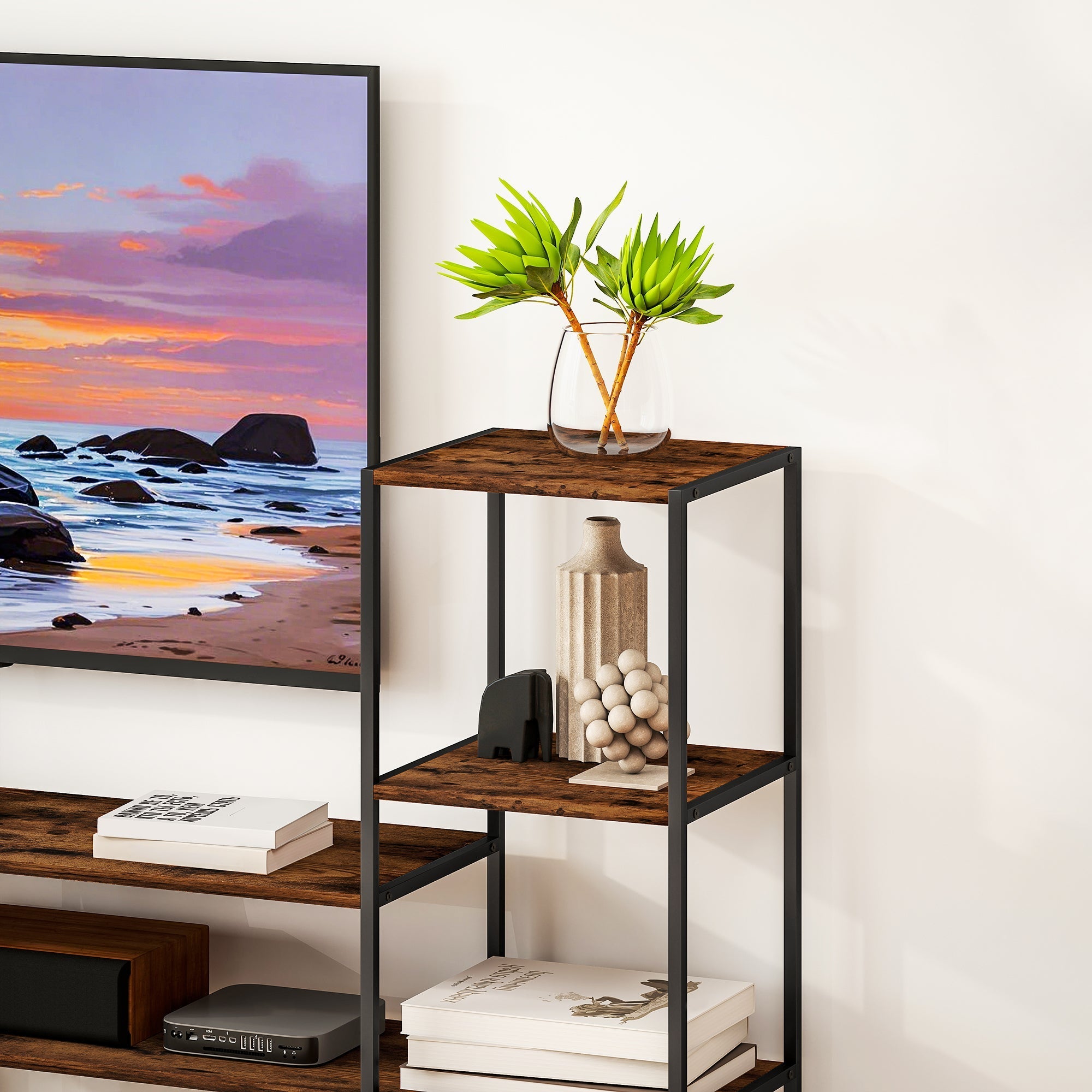 Rustic wooden tv unit with black steel frame and storage shelves ensures robust support on uneven floors for living rooms
