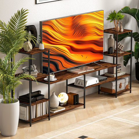 Rustic wood and black metal homcom tv stand with steel frame ensures robust support on uneven floors for living rooms