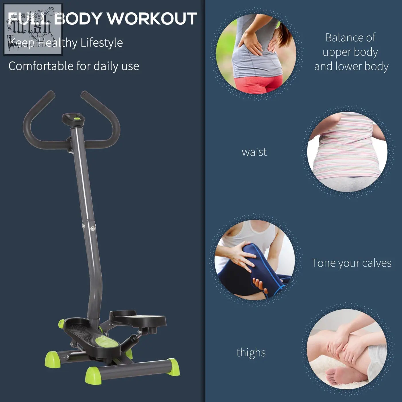 Black and lime green HOMCOM twister stepper with adjustable handles and lcd monitor for lower body and step count tracking