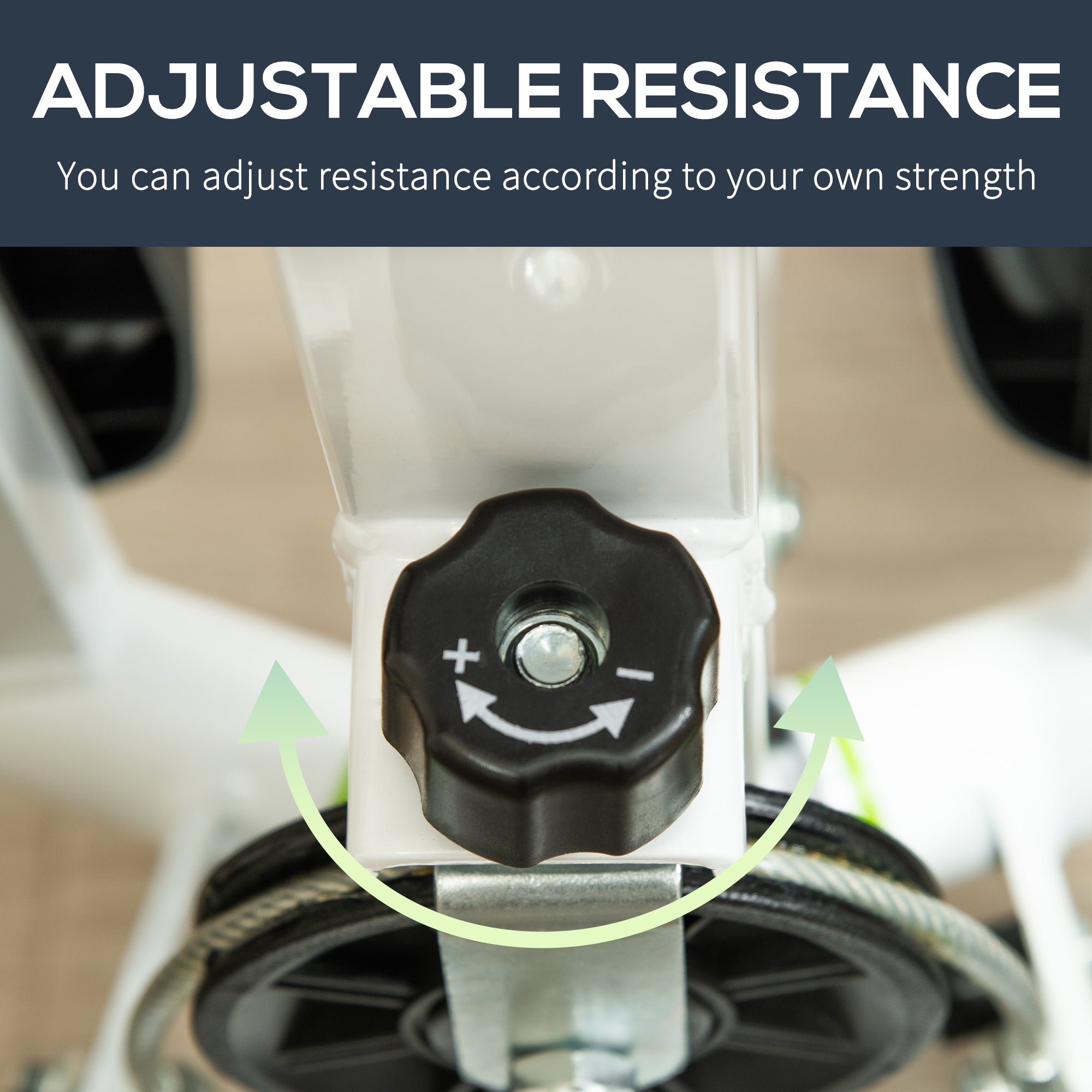 Black adjustable resistance knob with plus and minus on white homcom twister stepper frame with lcd screen and step count