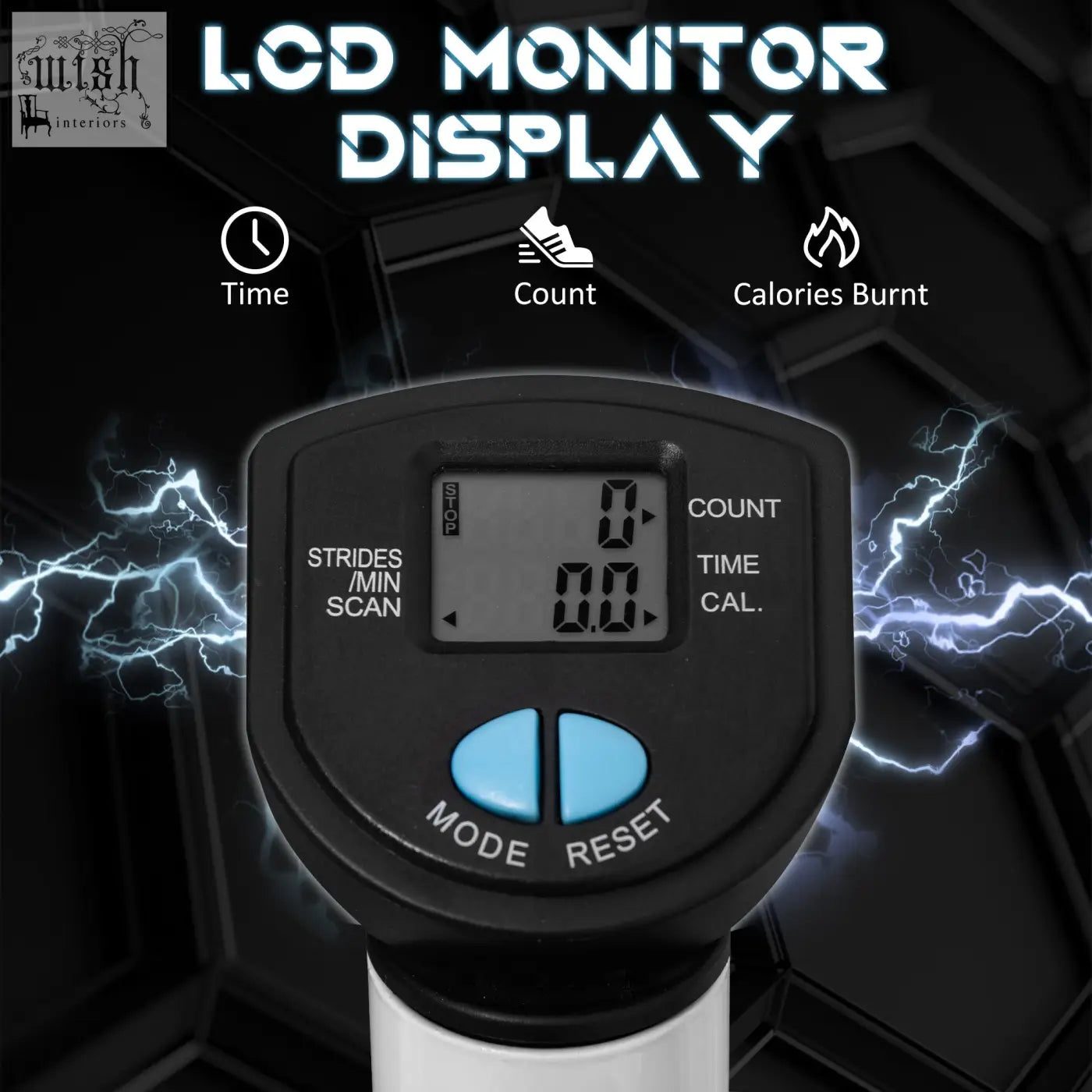 Black and white pedometer with blue buttons and lcd monitor showing time count and calories for homcom stepping machine