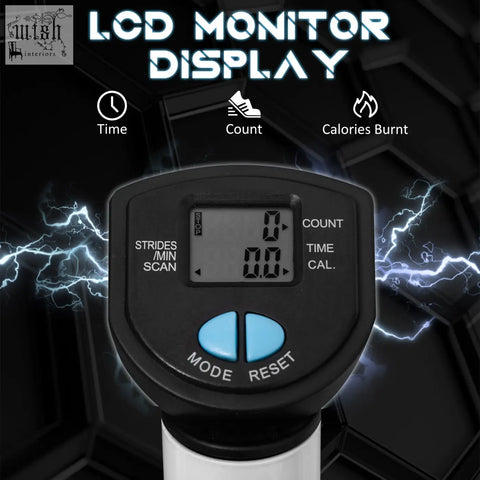 Black and white pedometer with blue buttons and lcd monitor showing time count and calories for homcom stepping machine