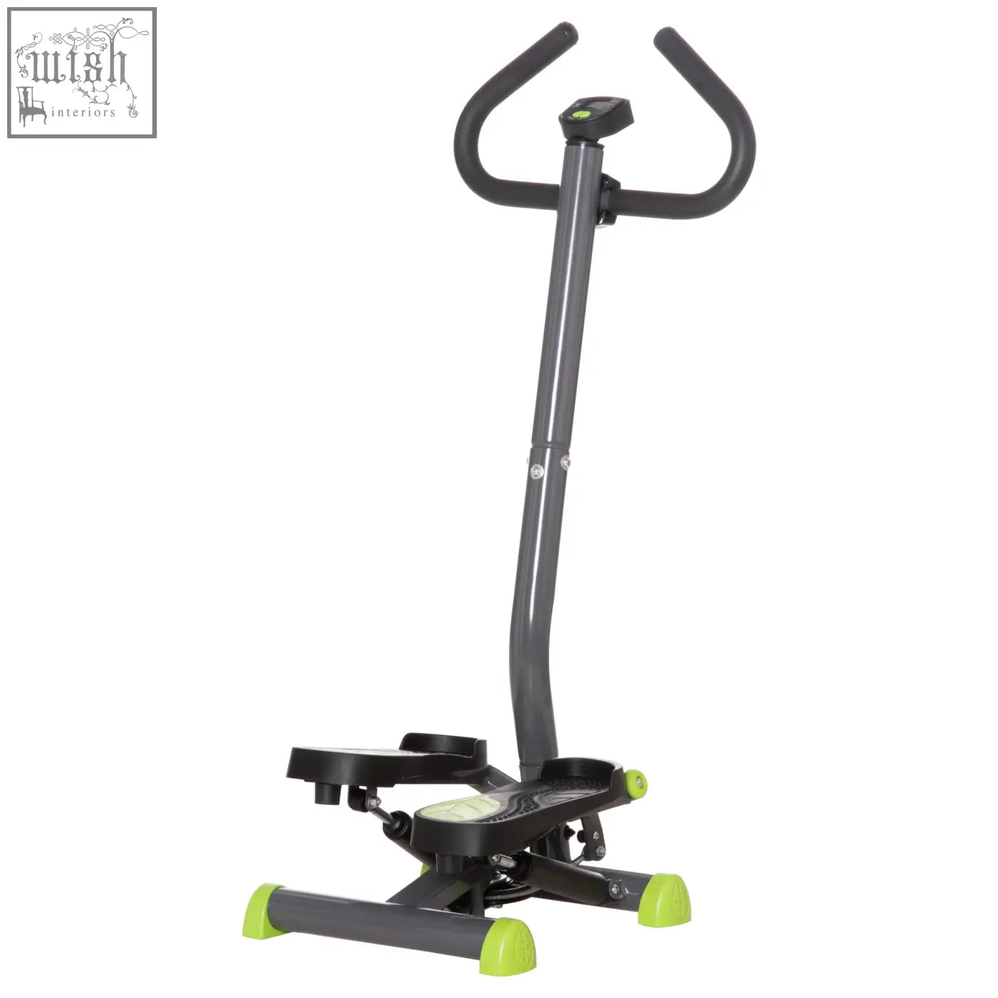 Gray and lime green homcom twister stepper with curved handlebars, adjustable foot pedals, lcd monitor, and step count for lower body