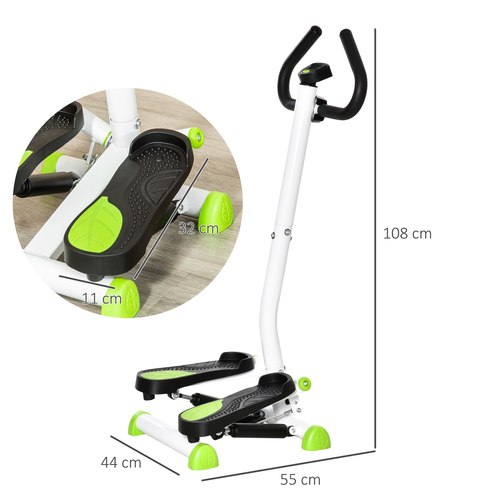 Homcom twister stepper with white and lime green design, black pedals, lcd screen, 44w x 108h, tracks calories burnt