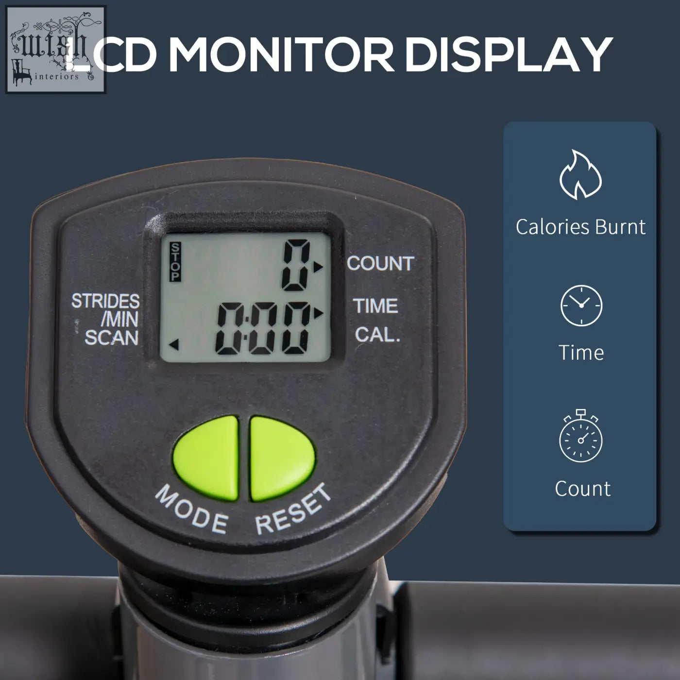 Black lcd monitor on grey homcom twister stepper shows calories burnt time and step count for lower body workouts