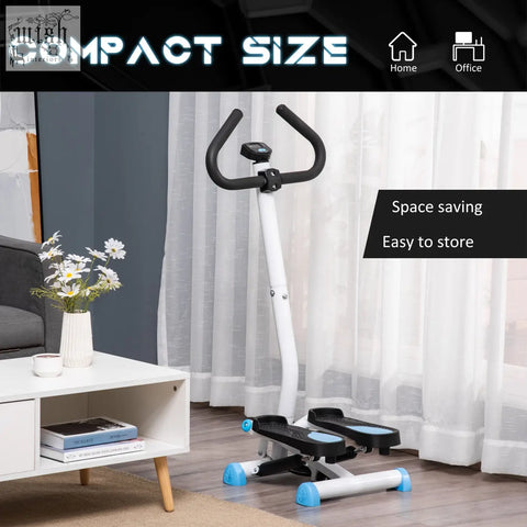 Homcom twister stepper is a white and blue stepping machine with black pedals handlebars and lcd monitor for lower body workouts