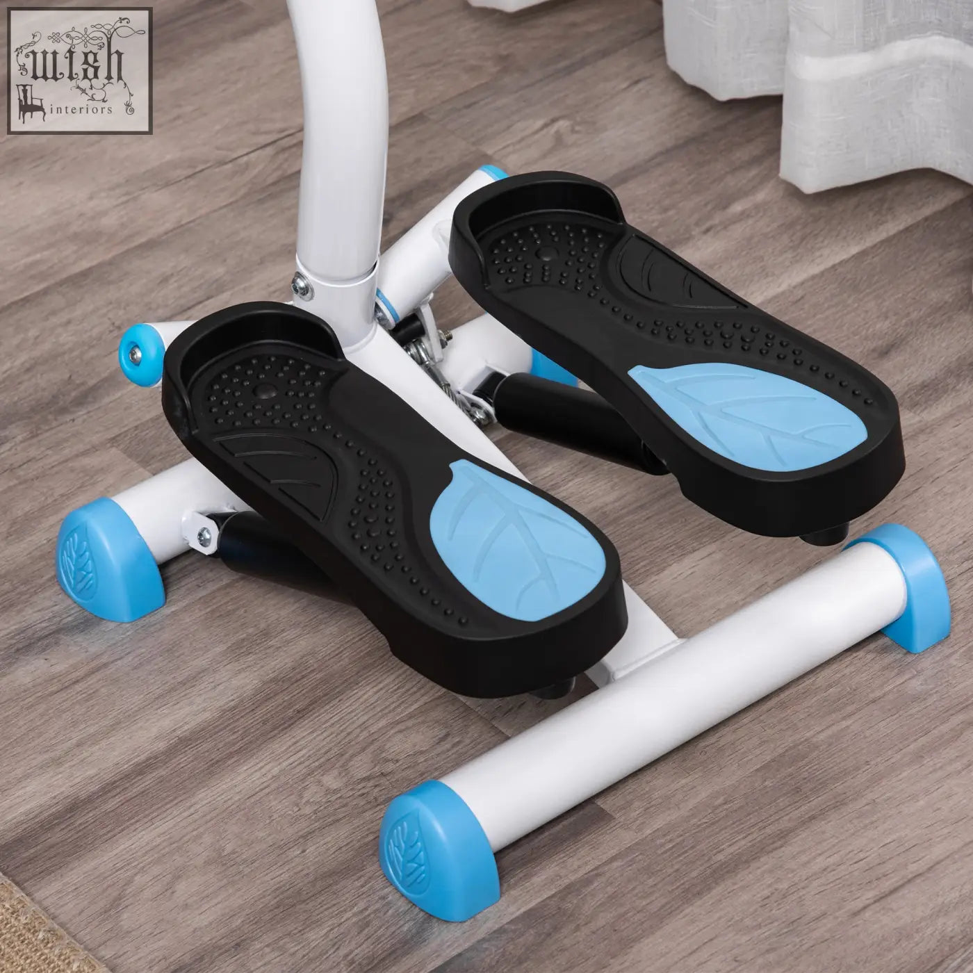 Blue and white HOMCOM twister stepper machine with black textured foot pedals and lcd monitor for lower body workouts