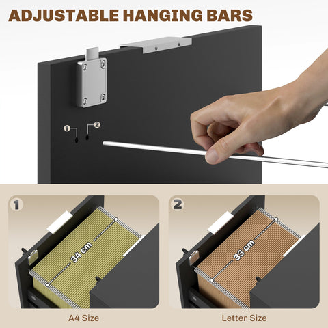Adjustable hanging bars with silver hardware and white slider for customizable length on homcom black lockable filing cabinet