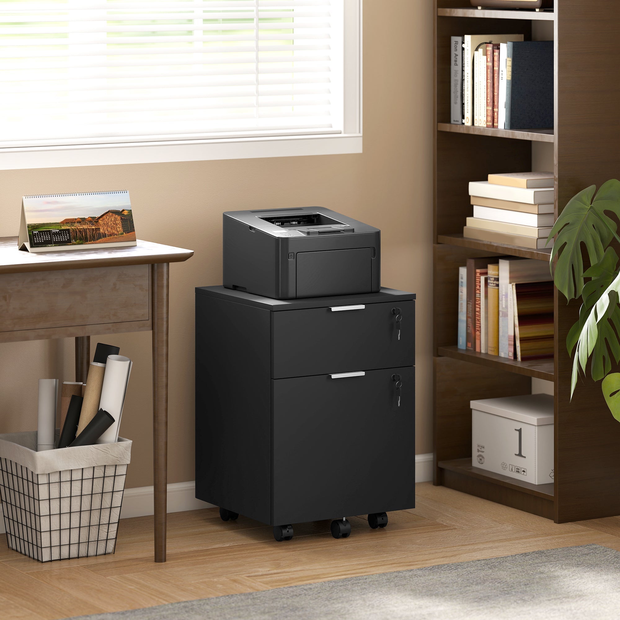 Black homcom two-drawer lockable filing cabinet with casters and silver handles for secure mobile filing