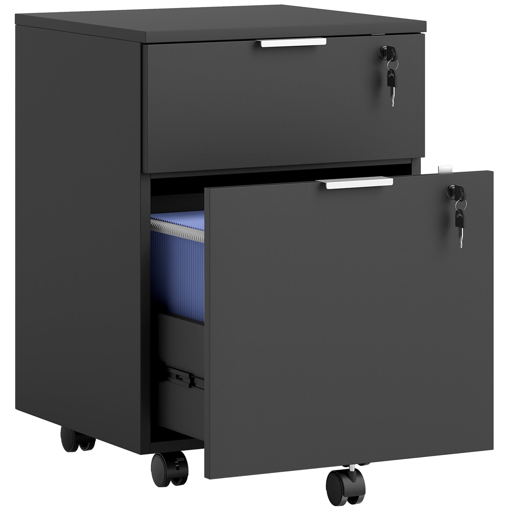 Black HOMCOM two-drawer lockable filing cabinet with silver handles and caster wheels for easy mobility