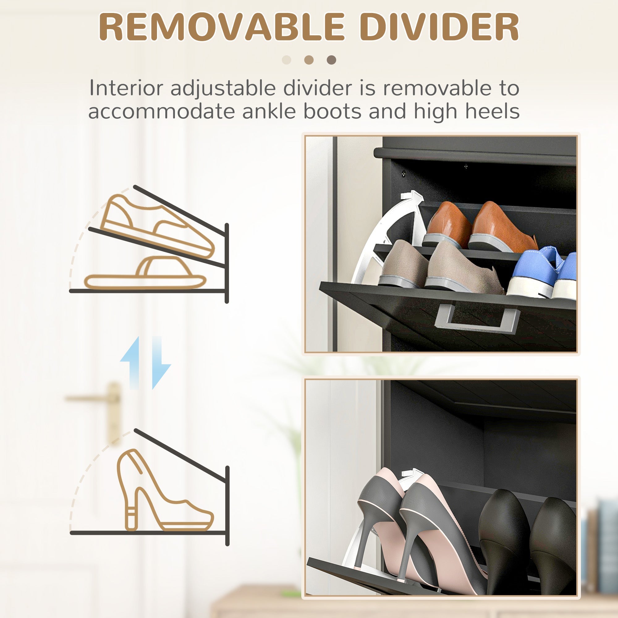 Black adjustable shoe rack divider for organizing ankle boots and heels inside homcom two flip drawers shoe cabinet