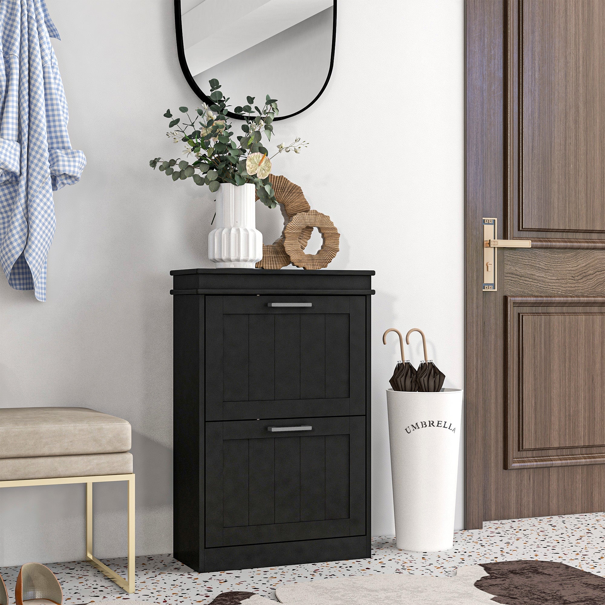 Black two drawer shoe cabinet with two flip drawers and silver handles featuring vertical paneling by HOMCOM