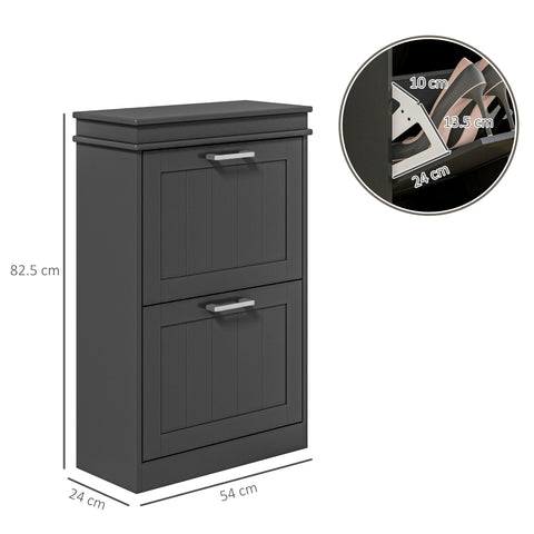 Dark gray two-door shoe cabinet with vertical paneling and silver handles featuring two flip drawers for shoe storage