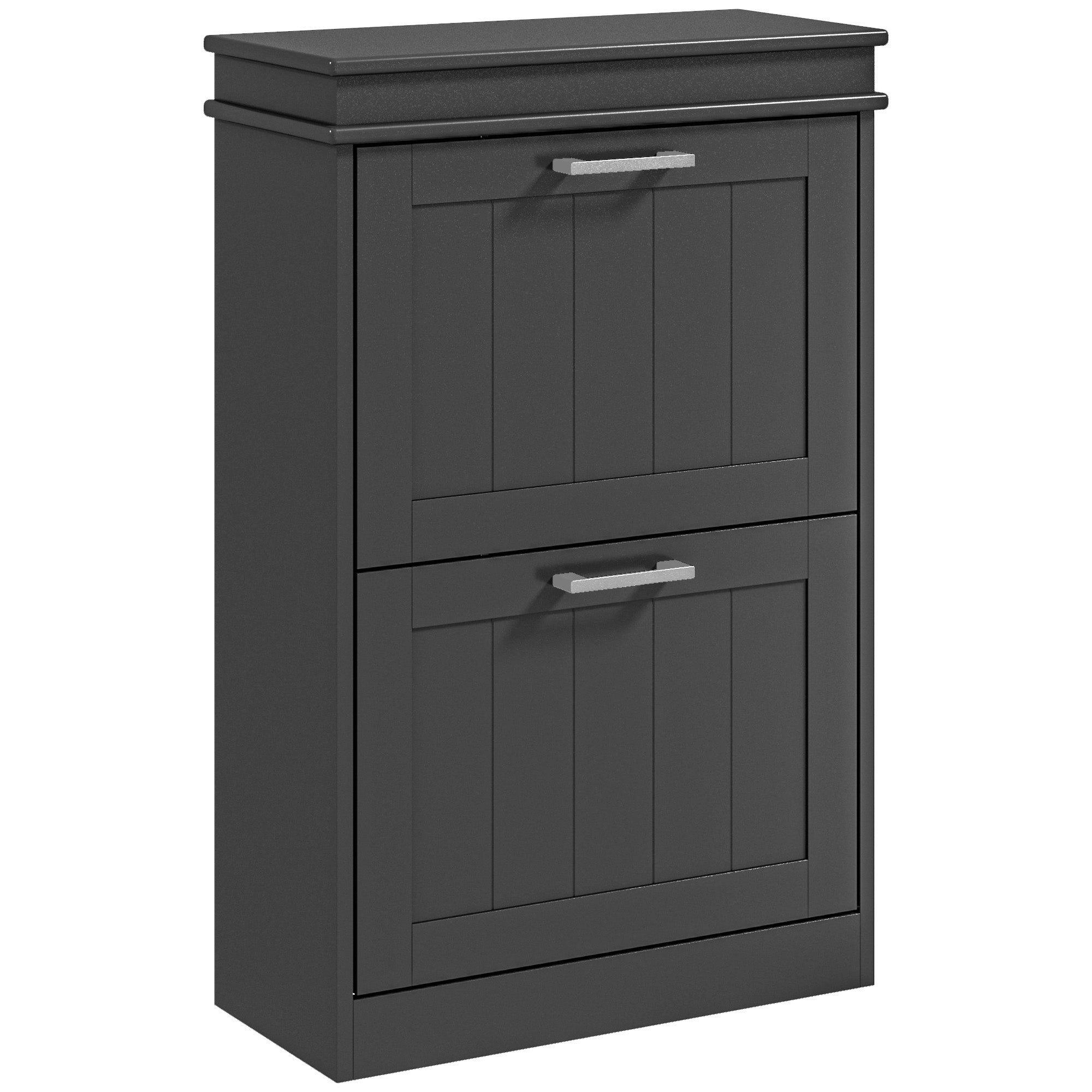 Dark gray homcom two-drawer shoe cabinet with vertical paneling and silver handles for organizing shoes