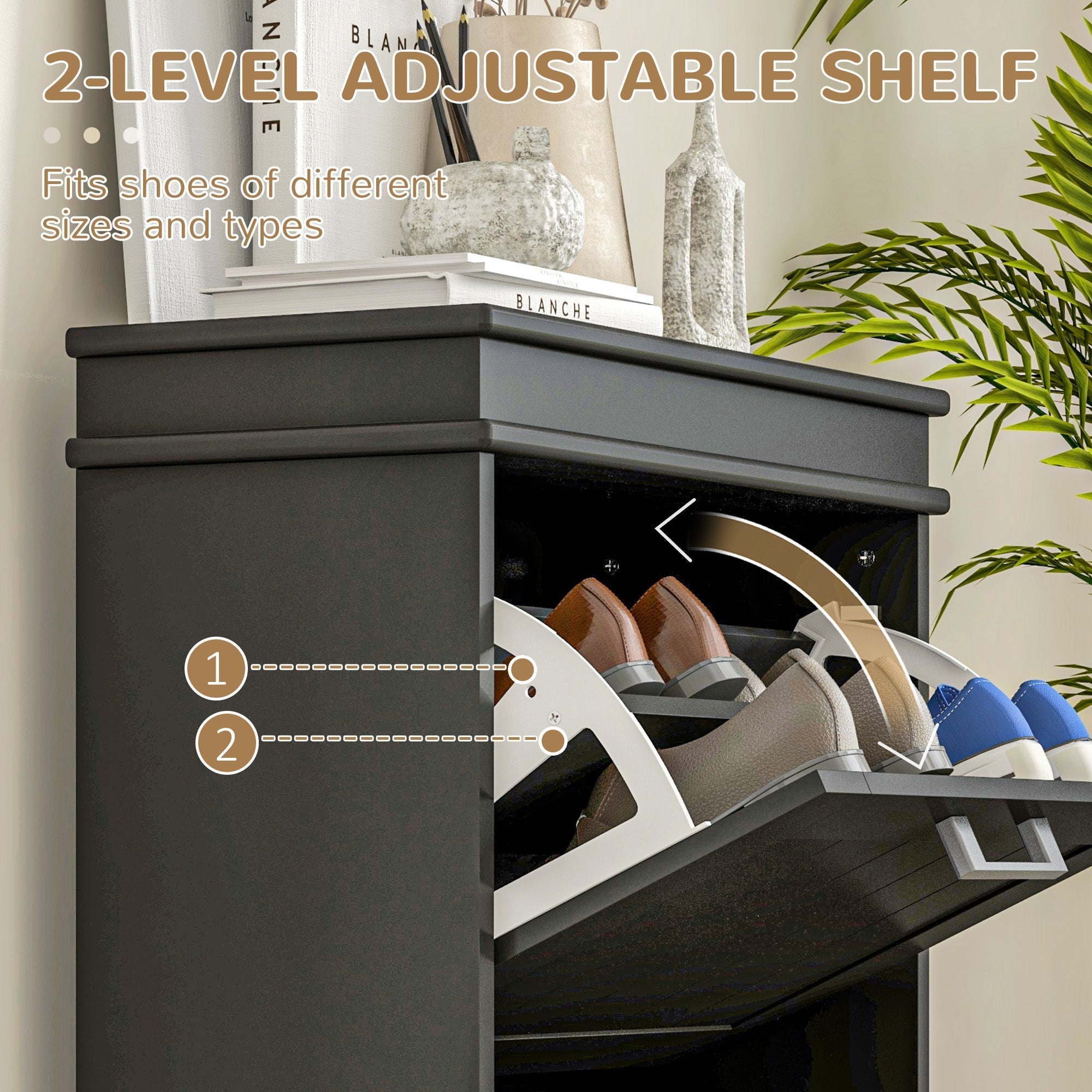 Black metal shoe cabinet with two flip drawers and two-level adjustable shelf for storing various shoes