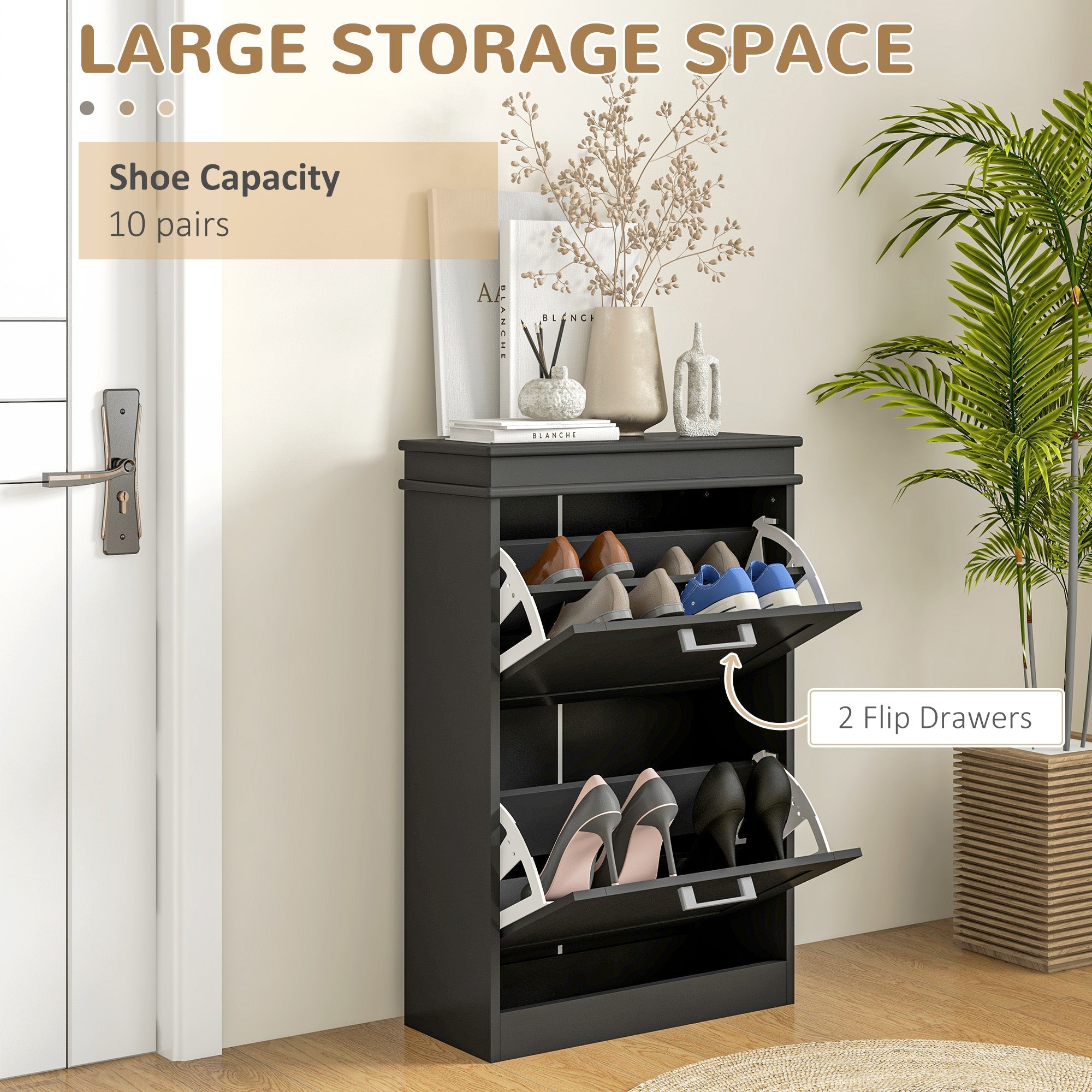 Black homcom shoe cabinet with two flip drawers stores up to 10 pairs of shoes in a sleek minimalistic design