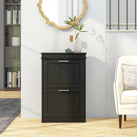 Black homcom shoe cabinet with two flip drawers and silver handles featuring vertical paneling for 10 shoes