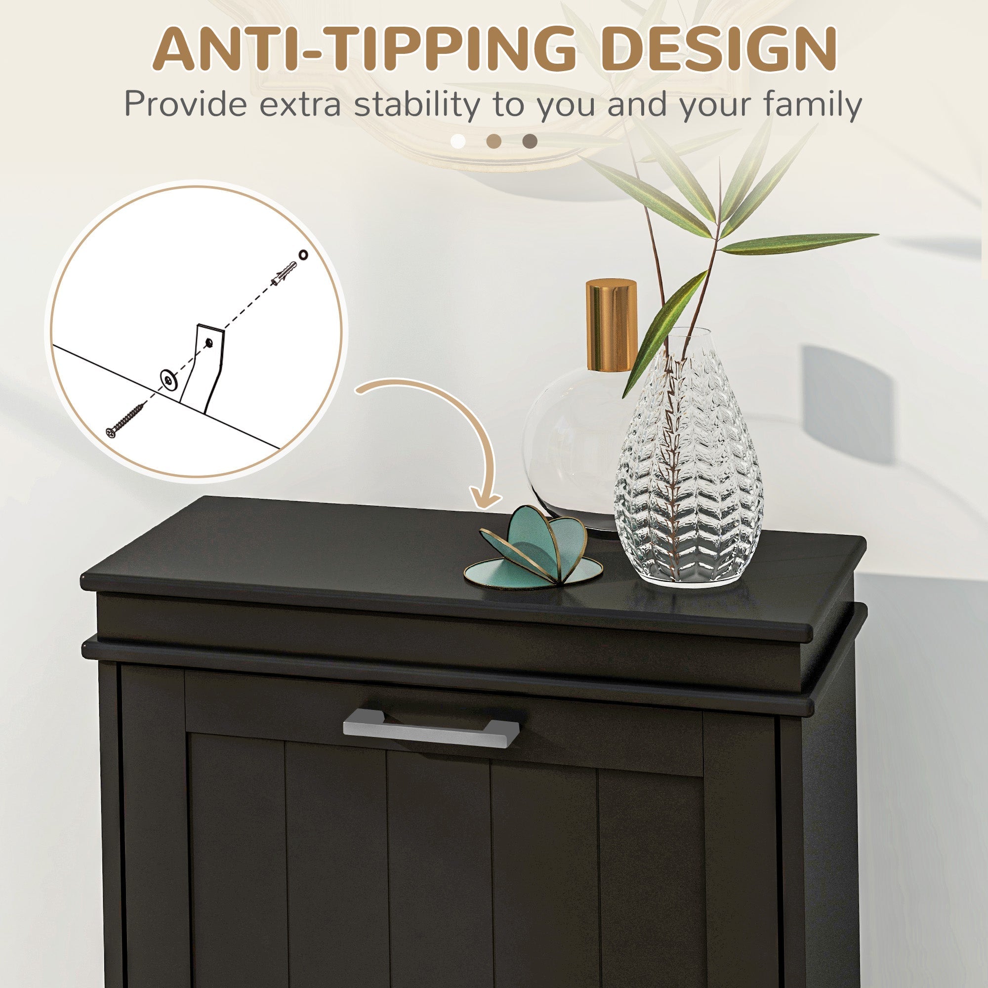 Black wooden shoe cabinet with two flip drawers silver handle and anti tipping design for stability by homcom