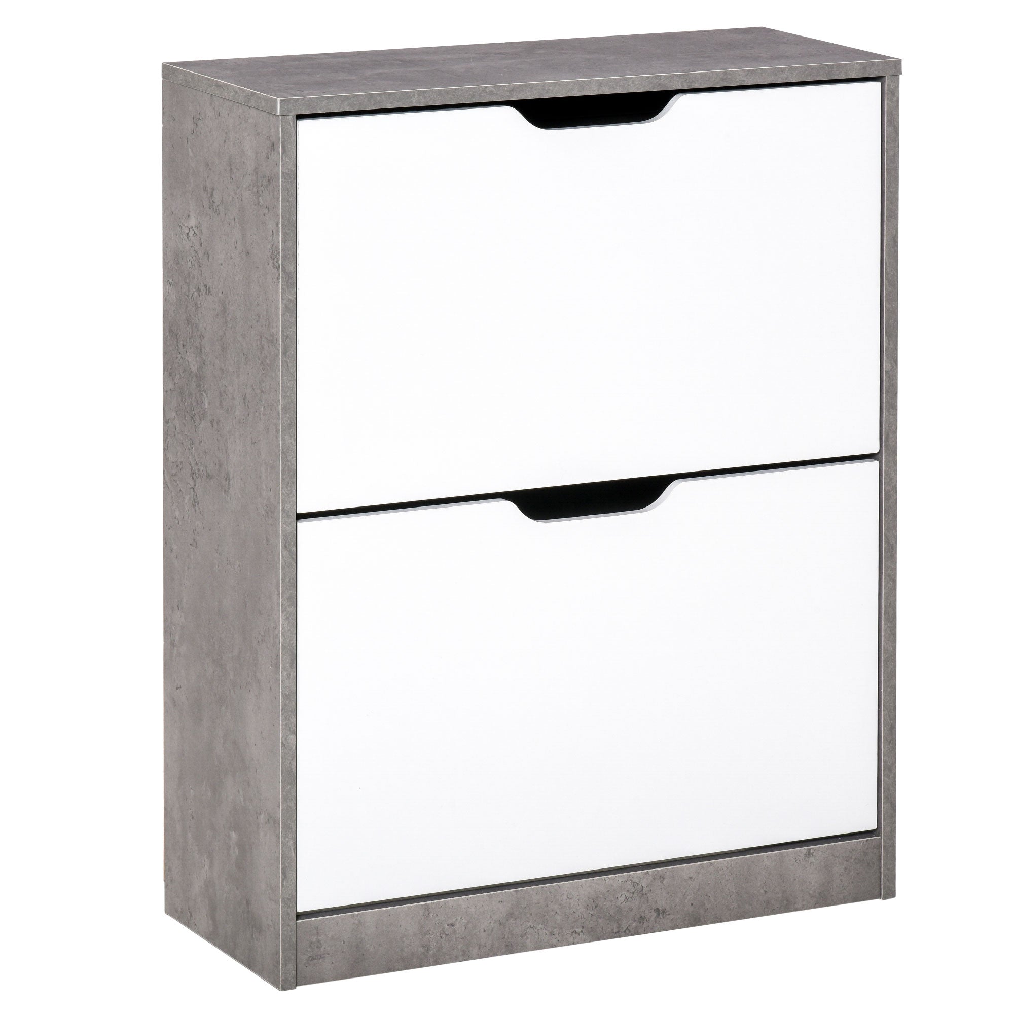 Gray concrete effect particle board shoe cabinet with two white drawers black handles fits eight pairs shoes