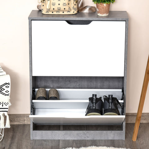 Gray concrete-finish particle board shoe cabinet with white sliding door and two shelves holding eight pairs of shoes