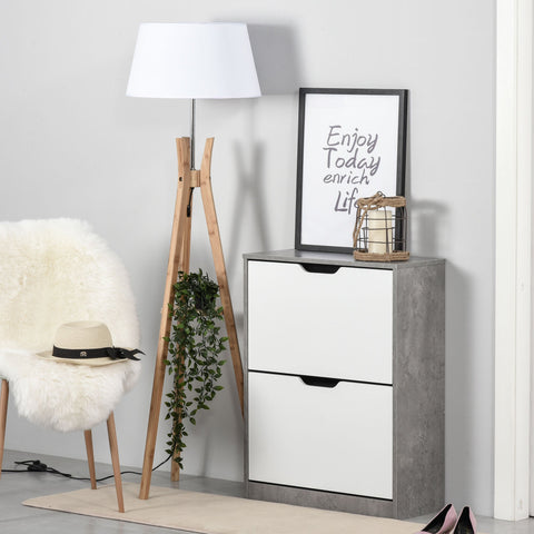 Gray and white two-drawer shoe cabinet with black groove handles made of particle board fits up to eight pairs