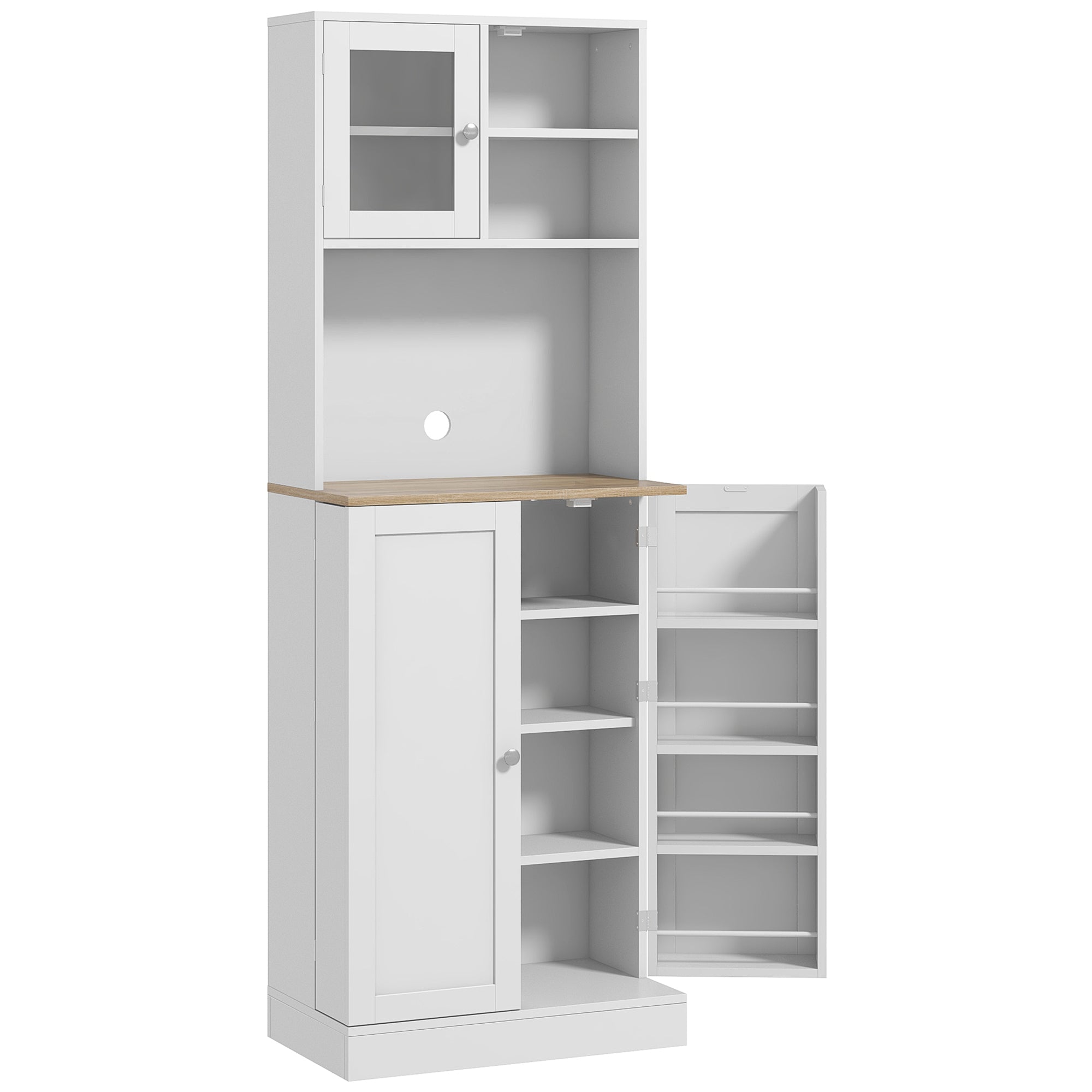 White and light wood-toned homcom two-part kitchen storage cabinet with glass-paneled door and open shelving 22d x 35h