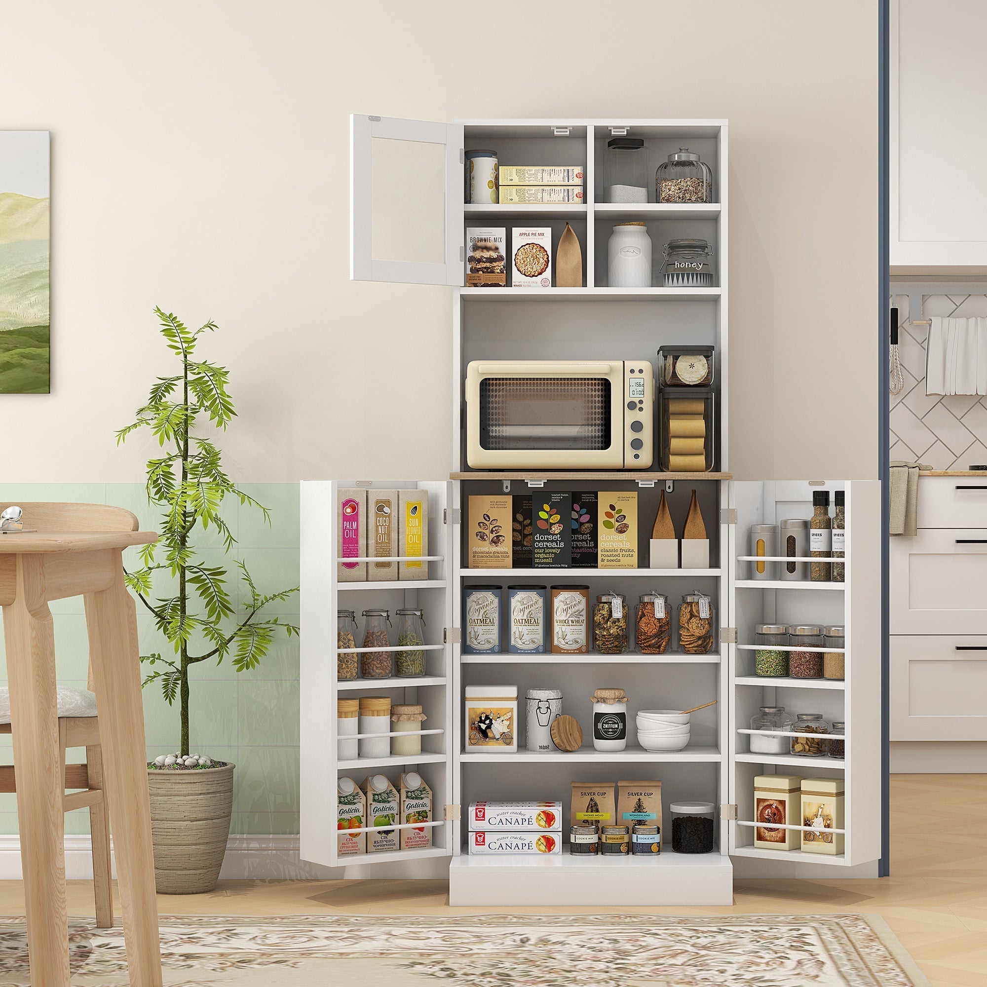White homcom two-part kitchen storage cabinet 22d x 35h with open pantry shelves and microwave space
