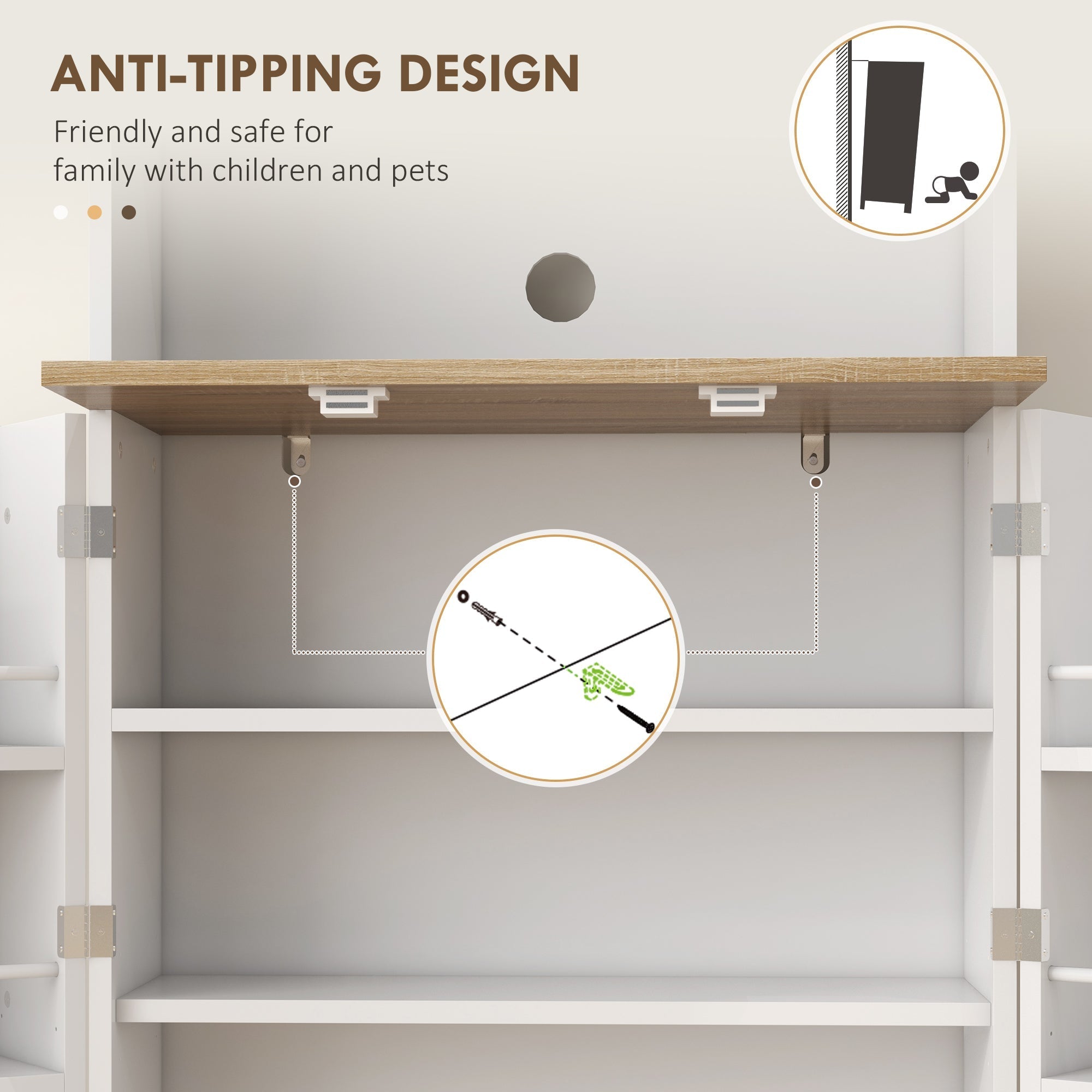 A sleek white wooden kitchen storage cabinet with metal brackets and anti-tipping design 22d x 35h