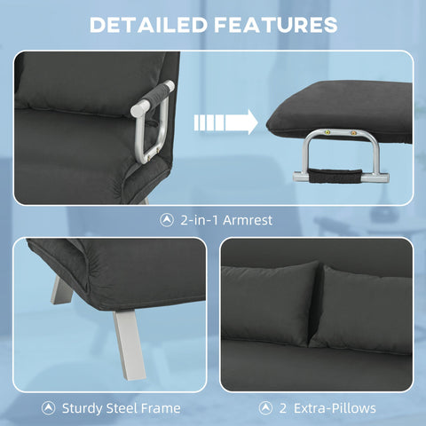 Charcoal grey homcom two-seater sofa bed with click-clack design easy switching 2-in-1 armrest and steel legs