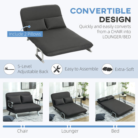 Charcoal grey HOMCOM two-seater sofa bed with padded upholstery and click-clack design for easy switching