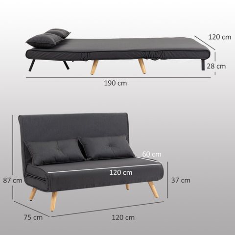 Charcoal grey homcom two-seater linen-look sofa bed with click-clack mechanism high-density foam and wooden legs