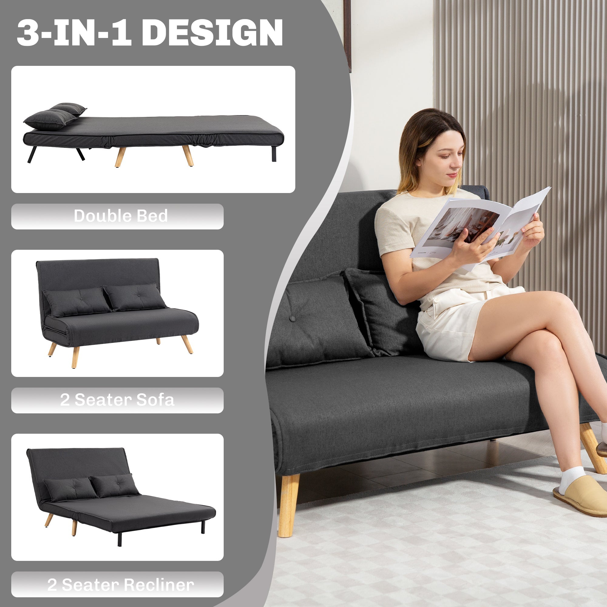 Charcoal grey homcom two-seater linen-look sofa bed with wooden legs high-density foam and click-clack mechanism