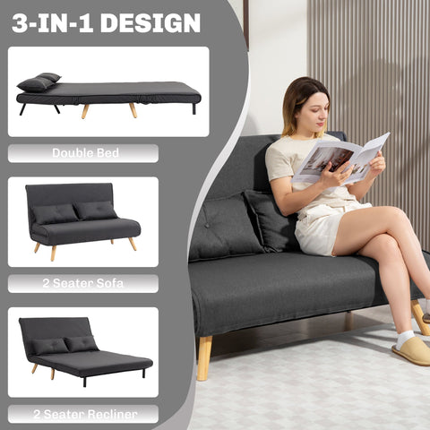 Charcoal grey homcom two-seater linen-look sofa bed with wooden legs high-density foam and click-clack mechanism