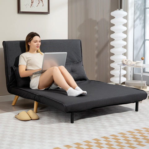 Black fabric futon sofa bed with wooden legs featuring high-density foam and click-clack mechanism in charcoal grey