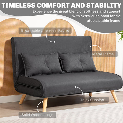 Dark gray HOMCOM two-seater sofa bed with breathable linen fabric, metal frame, solid wood legs, and high-density foam seat