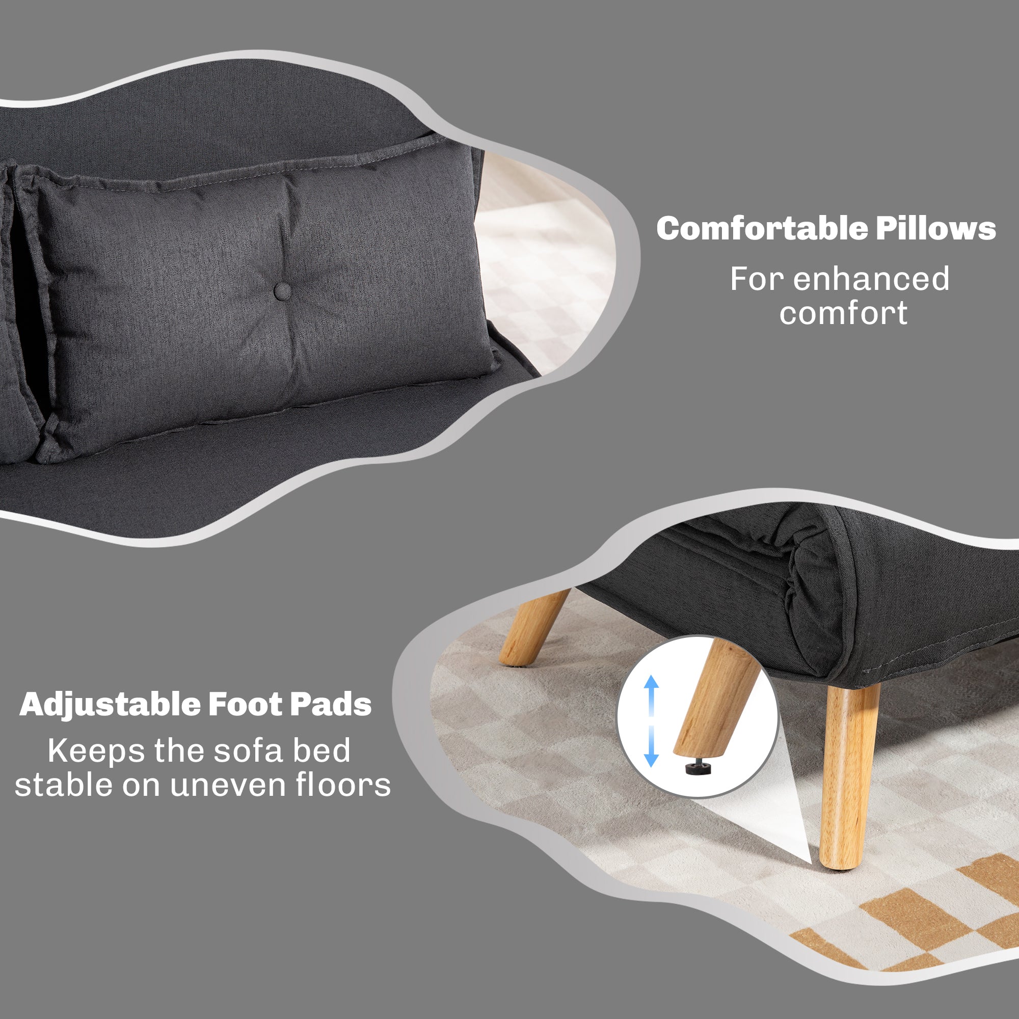 Homcom two-seater charcoal grey sofa bed with linen-look upholstery wooden legs and adjustable foot pads features high-density foam