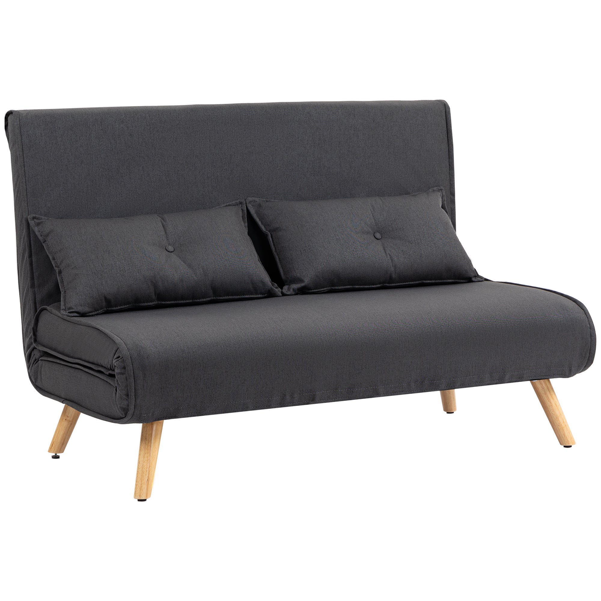 Dark gray linen-look sofa bed with wooden legs and tufted pillows featuring a click-clack mechanism and high-density foam