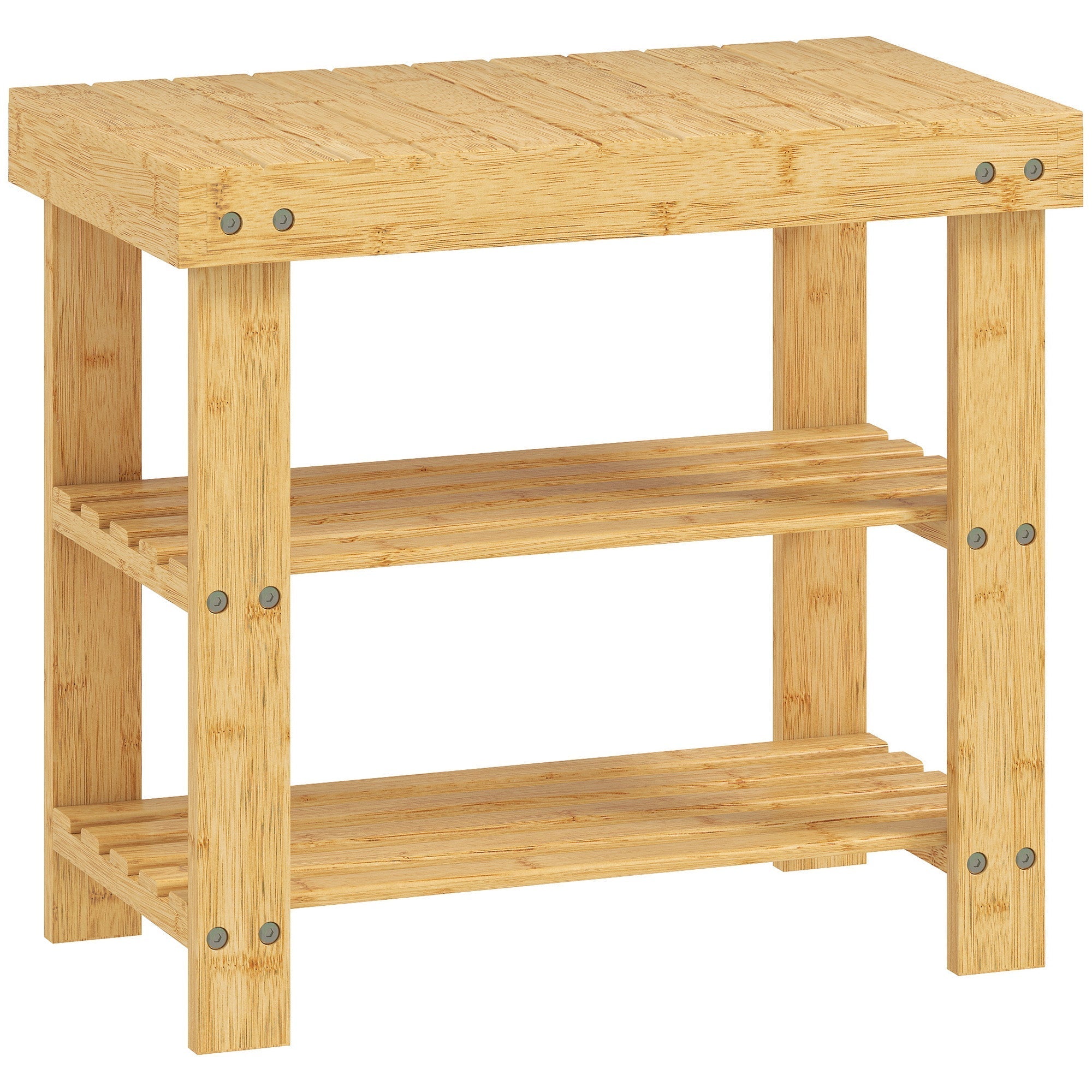 Light-colored natural finish homcom bamboo shoe bench with three slatted shelves and visible metal fasteners