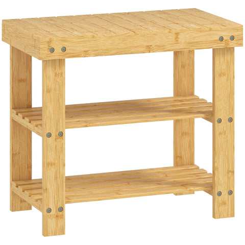 Light-colored natural finish homcom bamboo shoe bench with three slatted shelves and visible metal fasteners