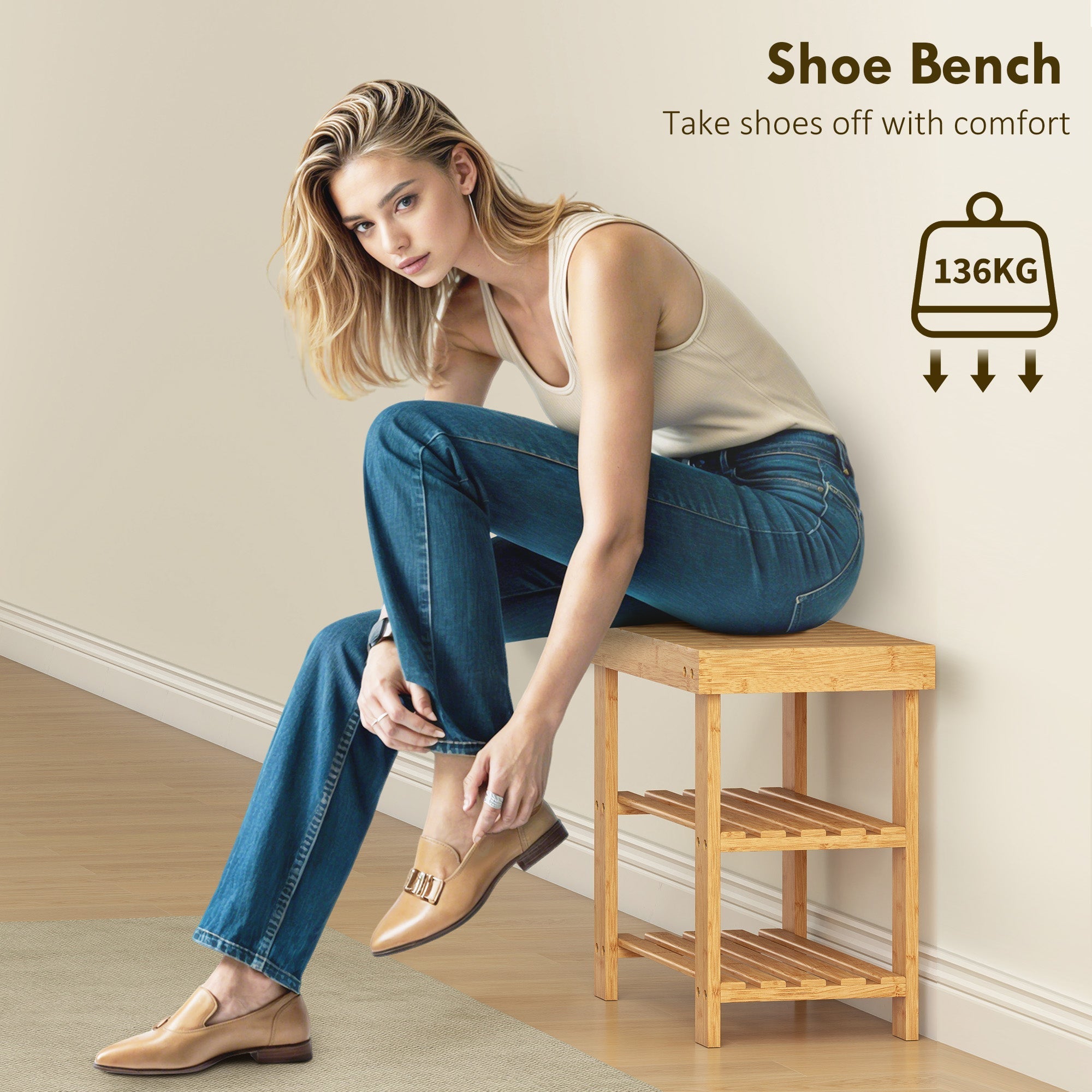 Light brown bamboo shoe bench with two slatted shelves for shoe storage by homcom natural finish