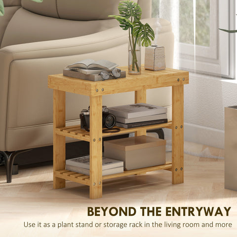 Light natural finish bamboo shoe bench with three slatted shelves and open storage design by HOMCOM