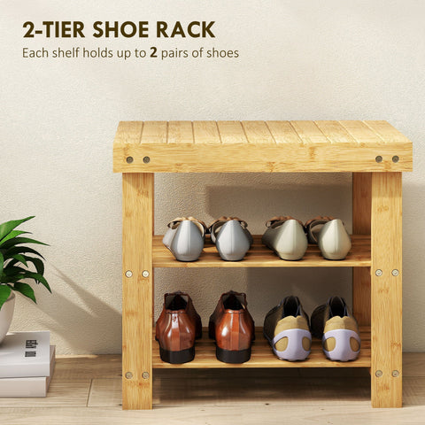 Light-colored bamboo shoe bench with two slatted shelves from homcom natural finish for shoe storage and seating