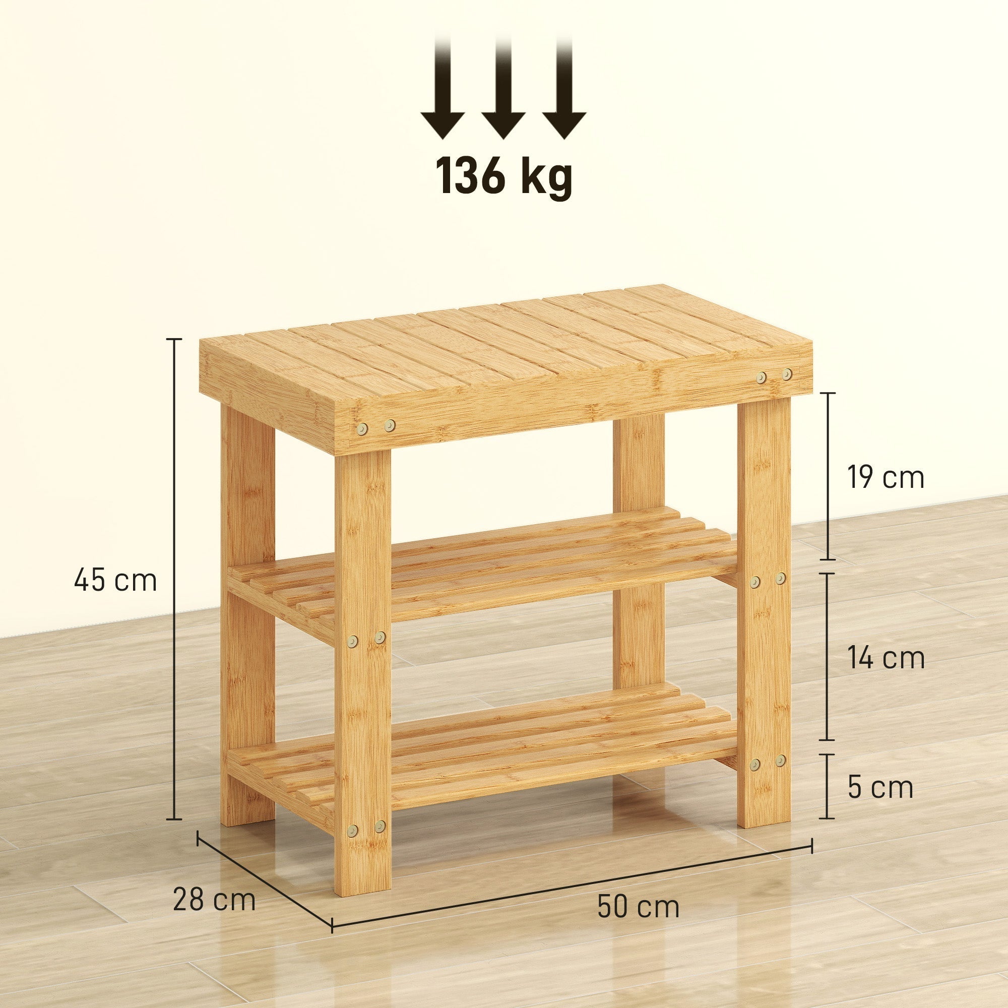Light brown bamboo shoe bench with three slatted shelves and sturdy legs for organized shoe storage