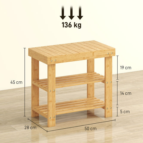 Light brown bamboo shoe bench with three slatted shelves and sturdy legs for organized shoe storage