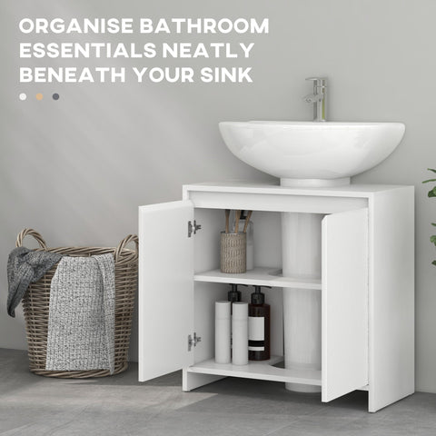 White freestanding HOMCOM sink bathroom cabinet with two open doors showing shelves holding toiletries and sink on top