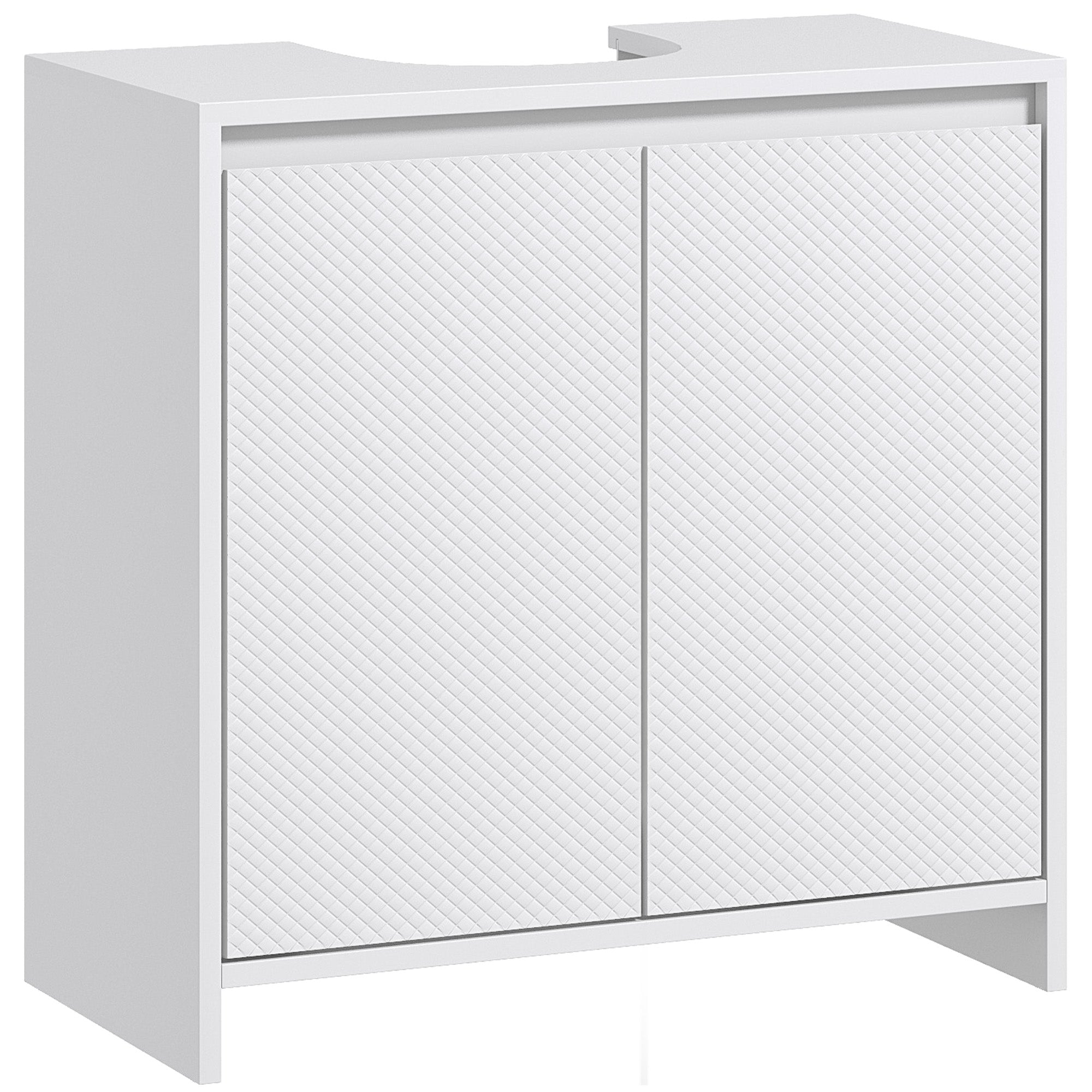 White freestanding under sink bathroom cabinet with diagonal textured doors and curved top for sink bathroom use