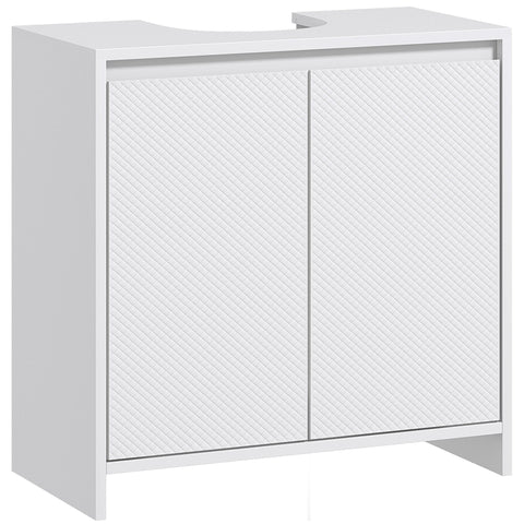 White freestanding under sink bathroom cabinet with diagonal textured doors and curved top for sink bathroom use