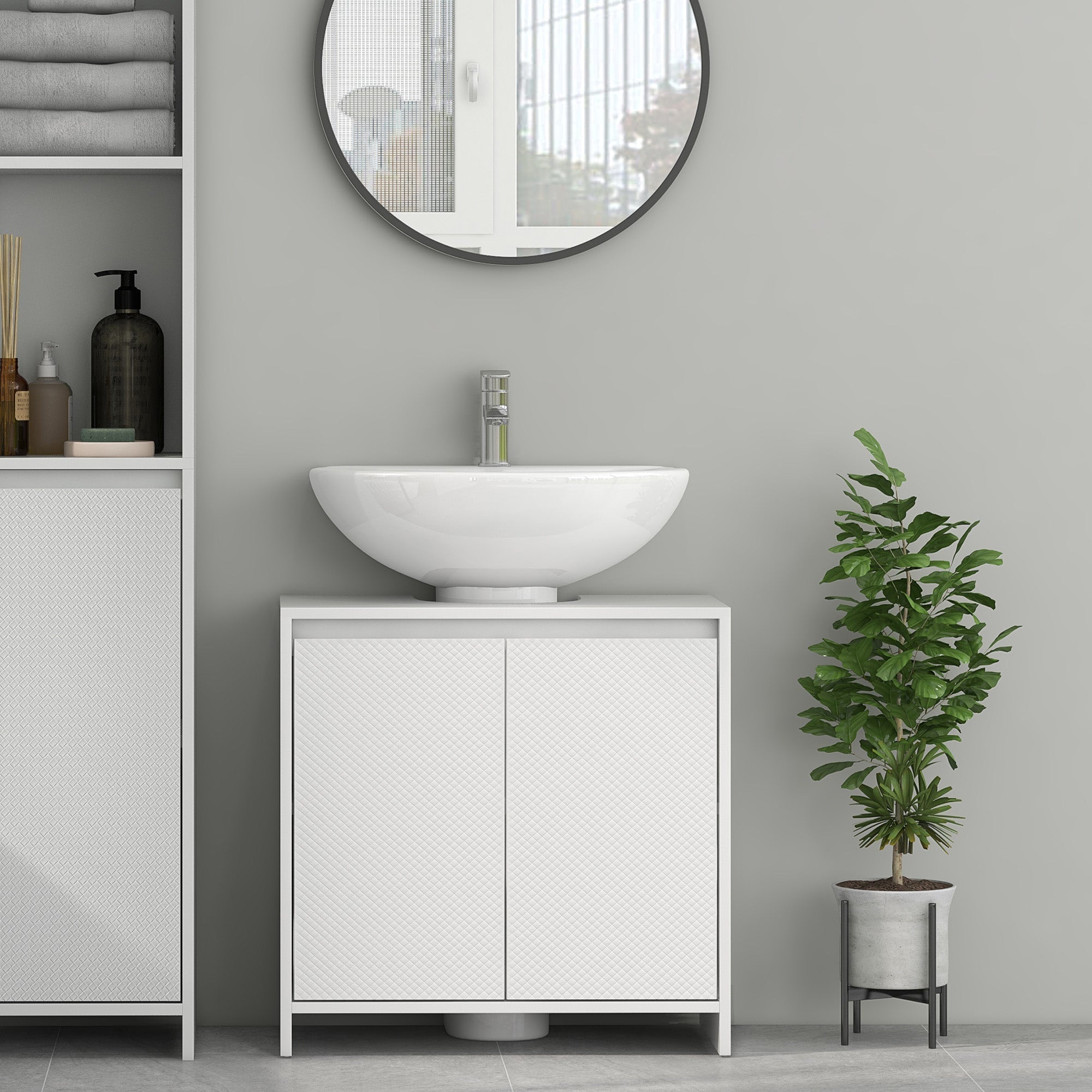 White ceramic vessel sink with chrome faucet on homcom freestanding under sink bathroom cabinet with 2 doors and shelf